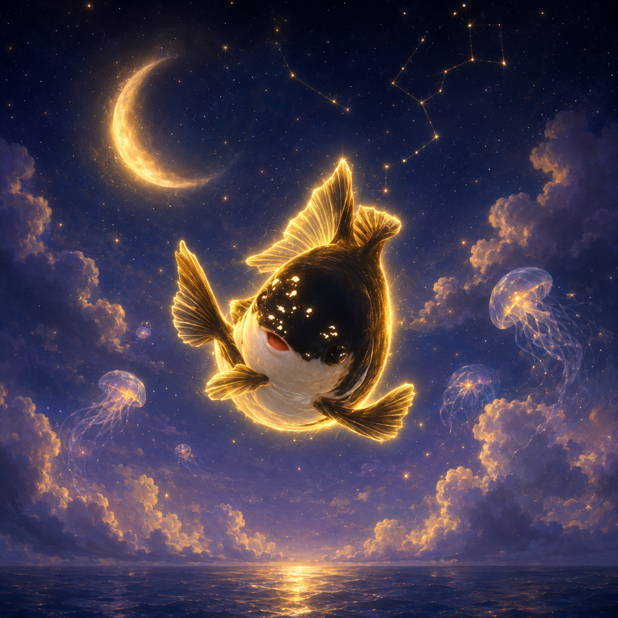 Orca swimming through a starry night sky