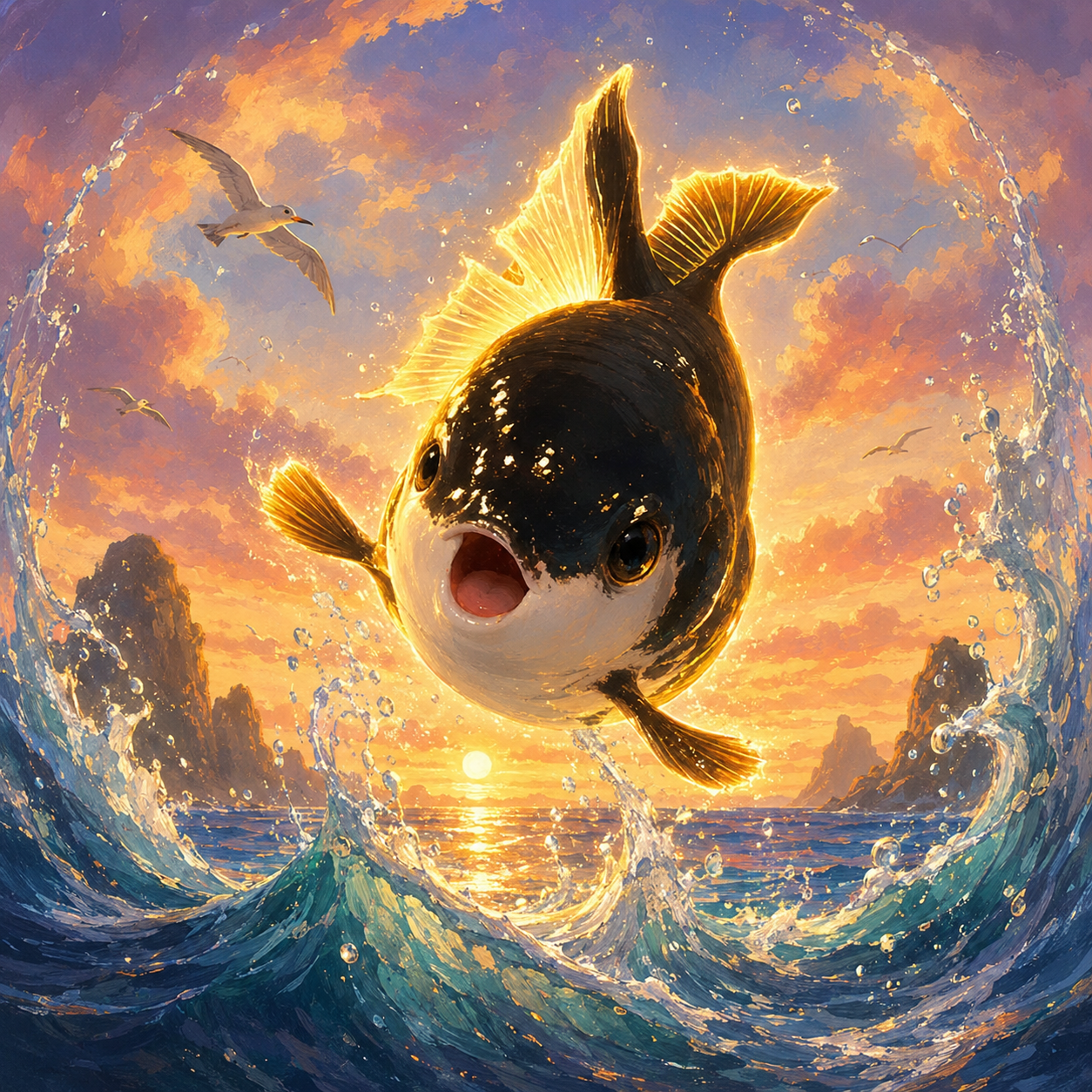 Orca leaping through a golden sunset wave